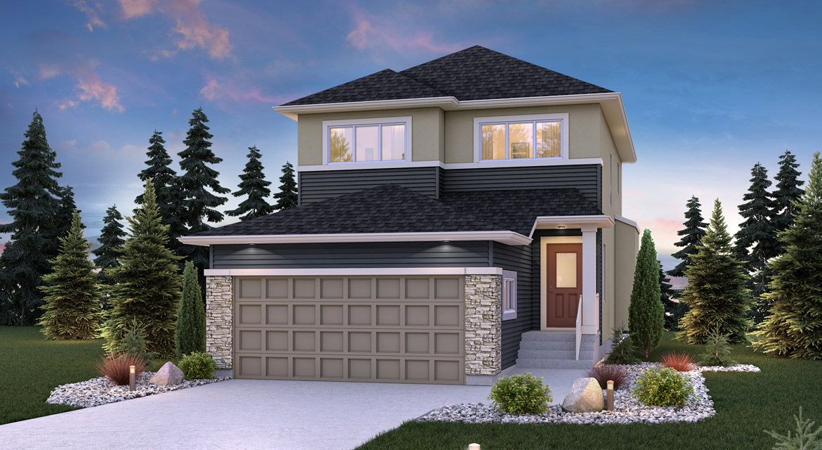 Dg 17 The Harlow Front Exterior Rendering Broadview Homes Winnipeg 2-storey home with vinyl siding and stucco