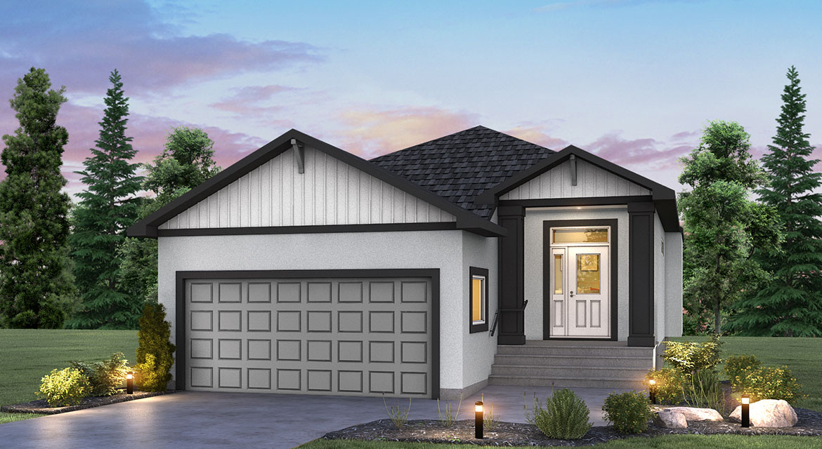 DG 23 a the grayson broadview homes winnipeg bungalow home with stucco exterior and covered front porch entrance